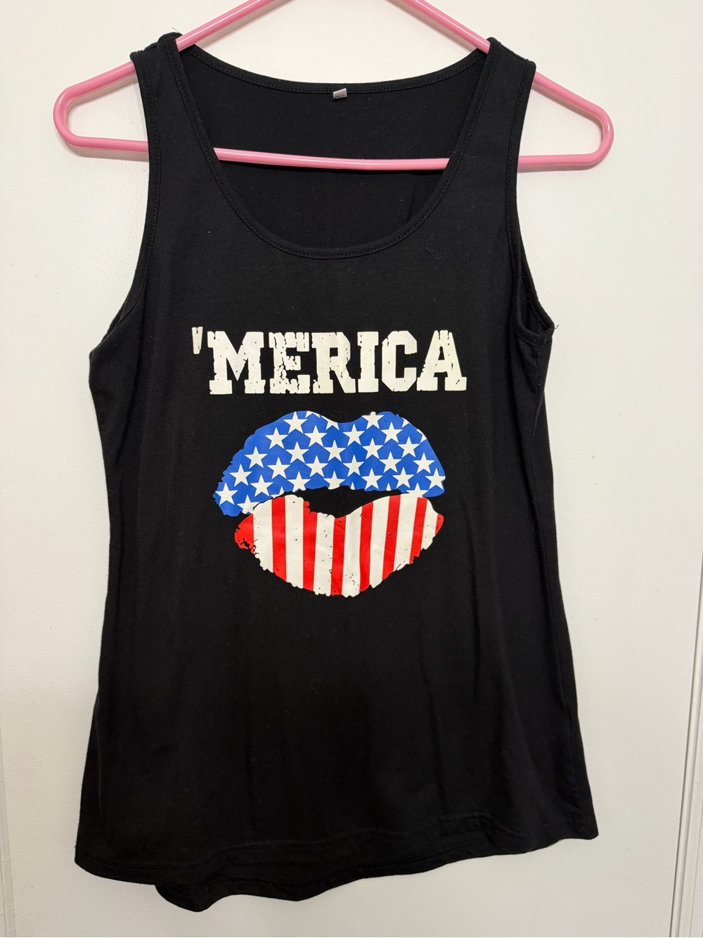 'Merica Black Graphic Tank Top with American Flag Lips